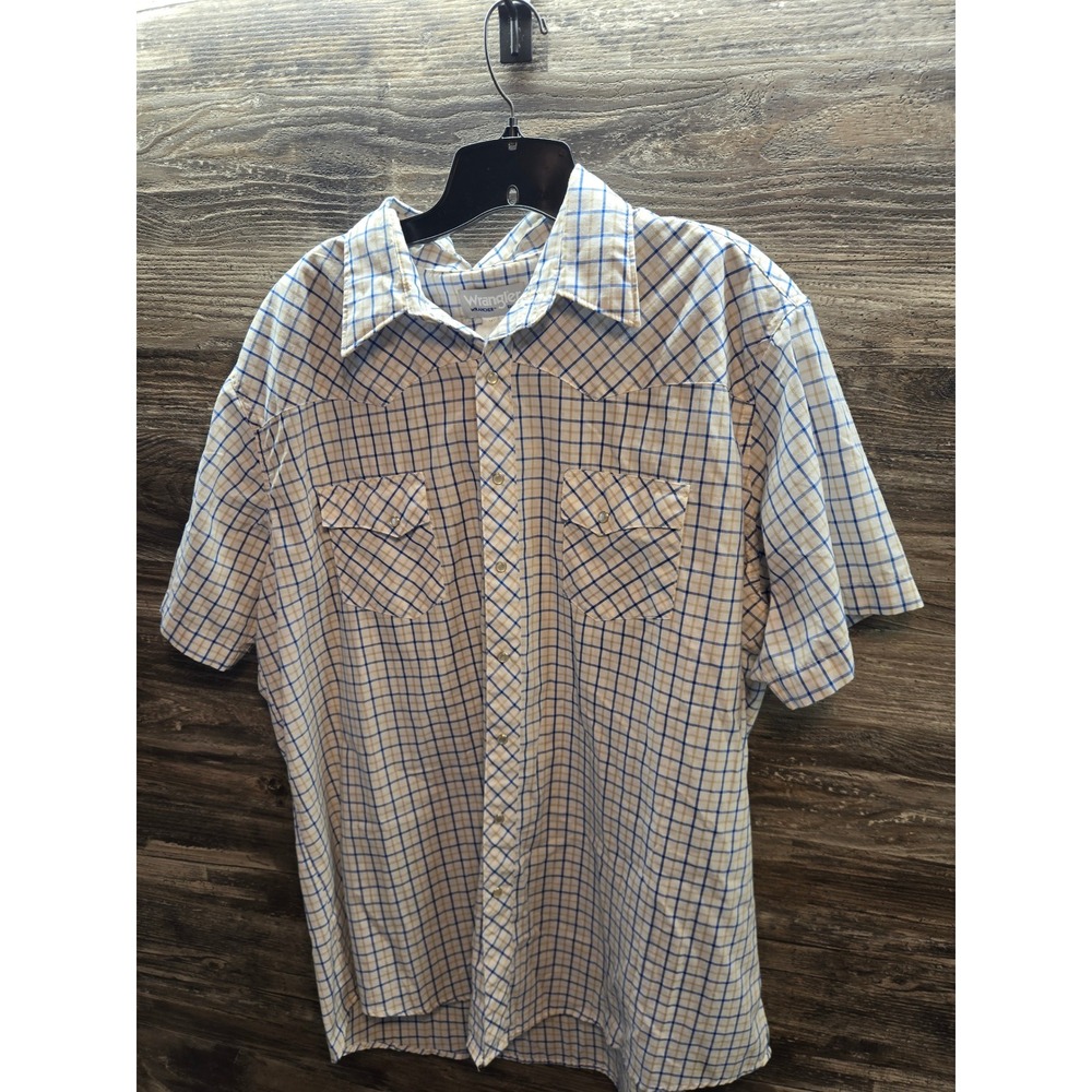 Wrangler Wrancher Mens Blue Tan Plaid Western Pearl Snap Short Sleeve Shirt XL‎